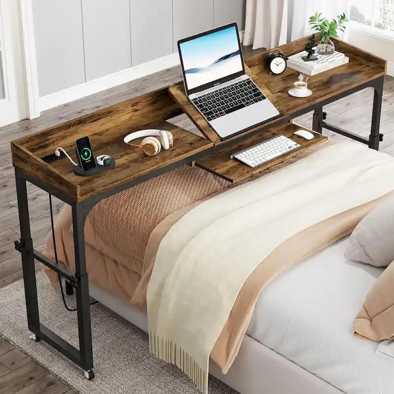 Table de chevet réglable en hauteur avec roulettes, chariot mobile pour ordinateur portable avec prises et ports USB