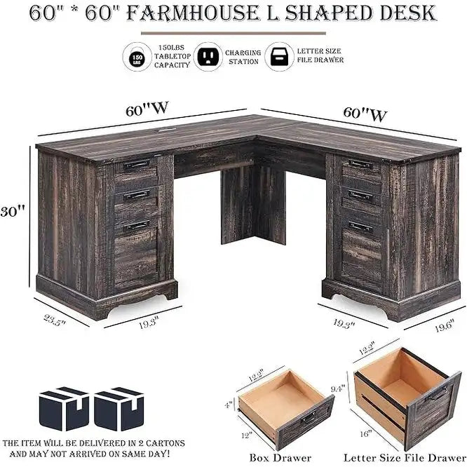 Bureau de direction en L style maison de campagne 60, bureau d'angle en bois, bureau d'ordinateur