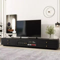 Meuble TV pour téléviseur de 95 pouces, console média extra-longue avec 2 portes et 4 tiroirs, grand meuble de rangement TV avec portes en verre cannelé