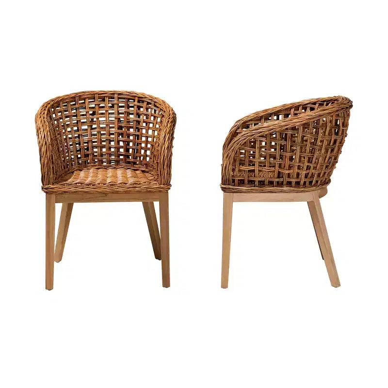 bali & pari Mario Ensemble de 2 chaises de salle à manger modernes de style bohème en teck et rotin, finition marron naturel