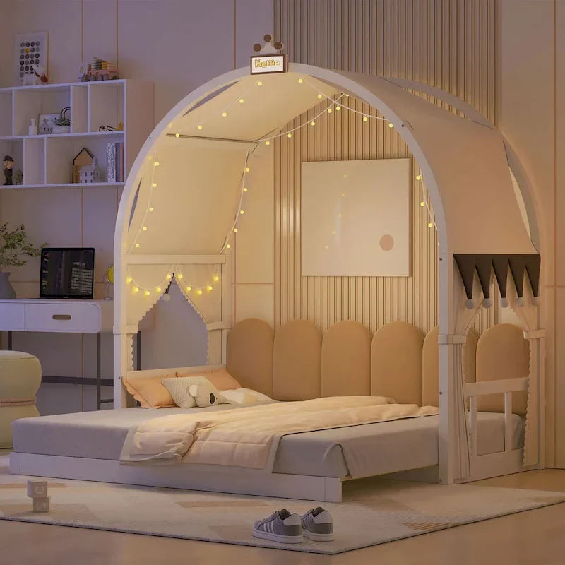 Lit plateforme Montessori au sol en bois massif, style maisonnette avec toit arqué et lit gigogne, pour filles et garçons