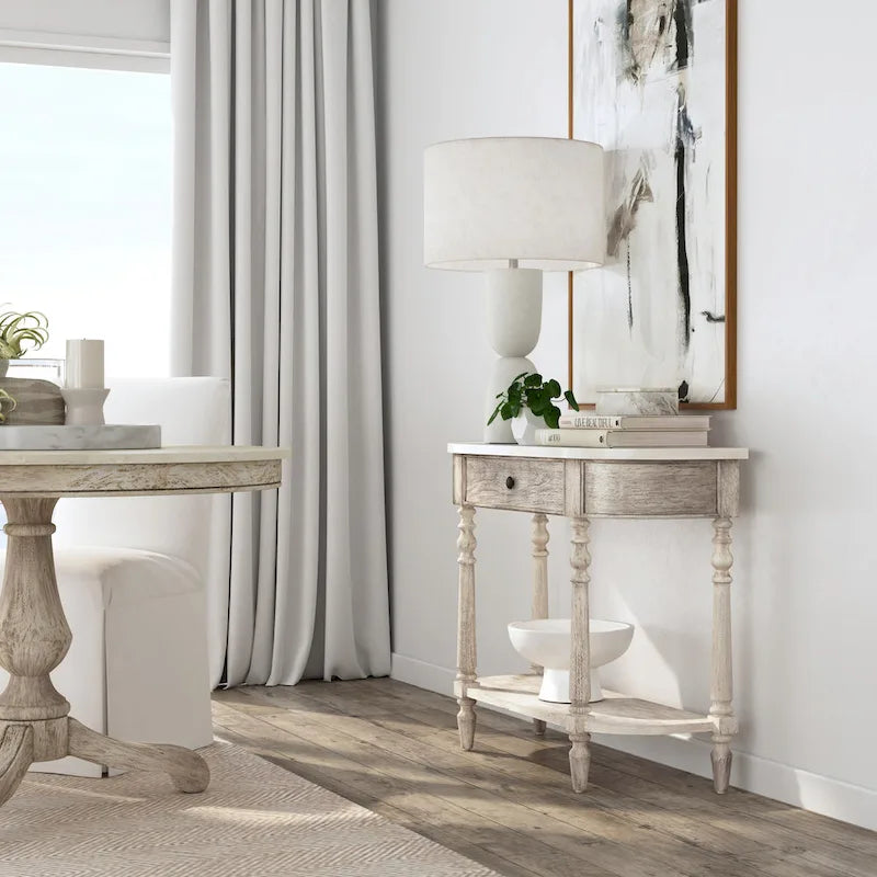 Table console avec plateau en marbre â€?Marron clair / gris / noir délavé, demi-lune, montage par une personne