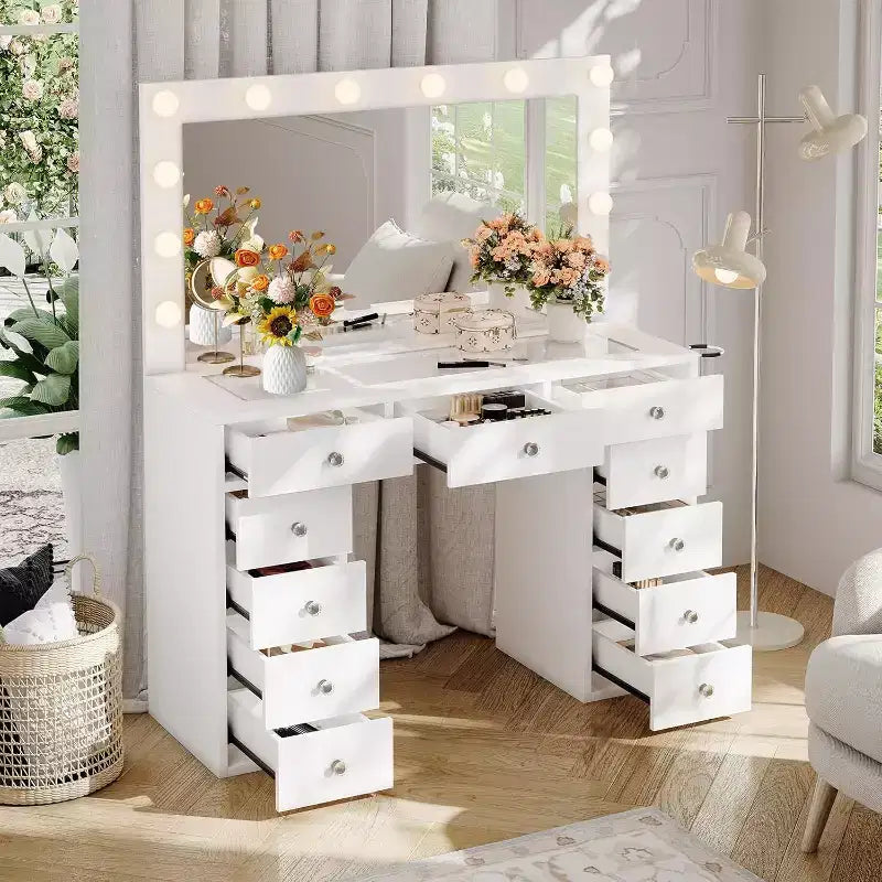 Coiffeuse avec prise de courant et miroir éclairé à 12 LED - 11 tiroirs 45 Coiffeuse de maquillage avec plateau en verre et 3 modes d'éclairage
