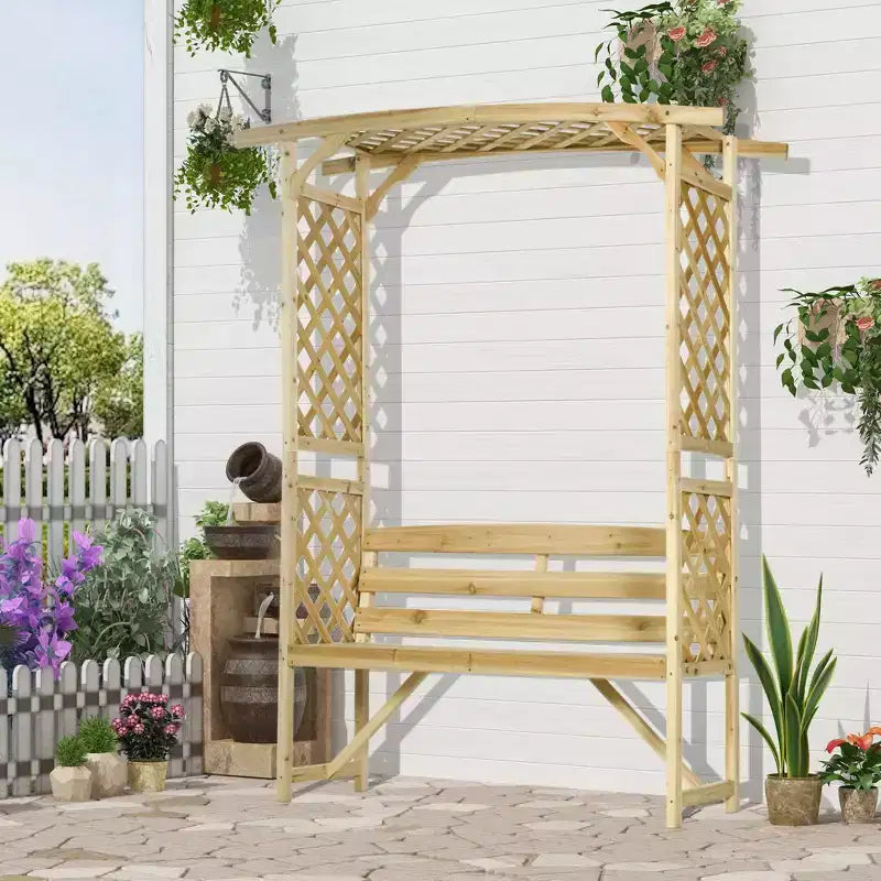 Banc de jardin Outsunny avec arche pergola et 2 treillis, banc extérieur 3 places en bois naturel pour vignes et plantes grimpantes