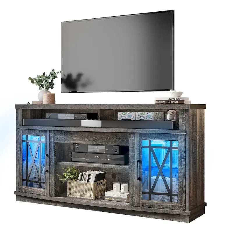 Meuble TV haut 2 portes avec lumières LED Moasis de 59 pouces pour téléviseurs jusqu'à 70 pouces