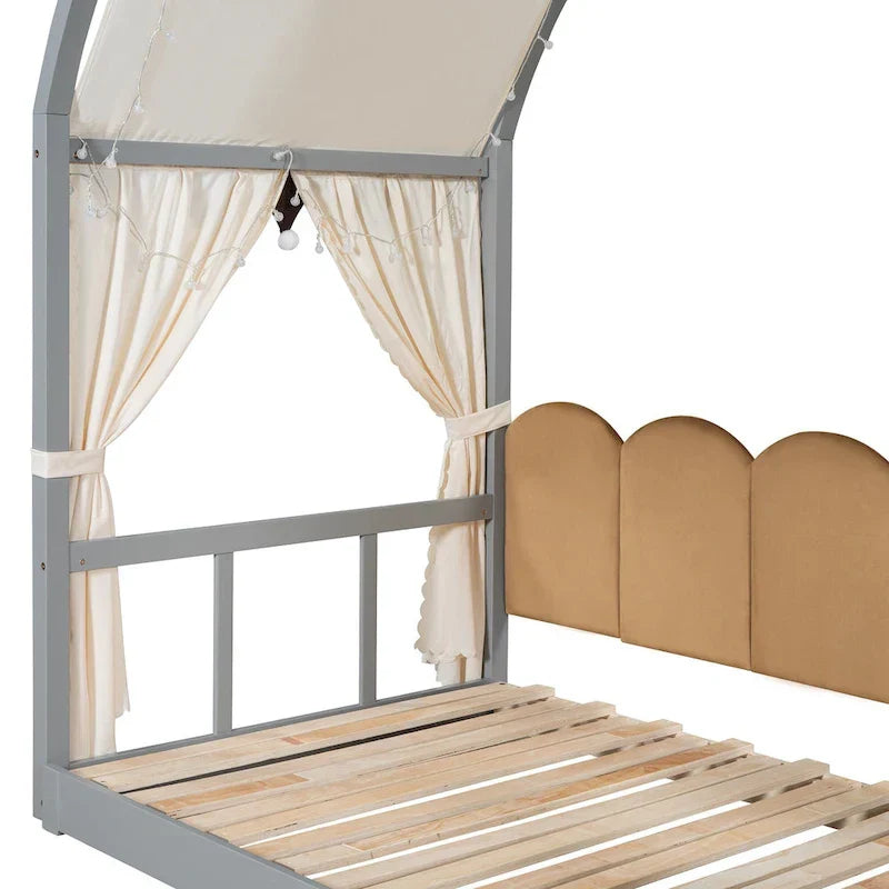 Lit plateforme Montessori au sol en bois massif, style maisonnette avec toit arqué et lit gigogne, pour filles et garçons