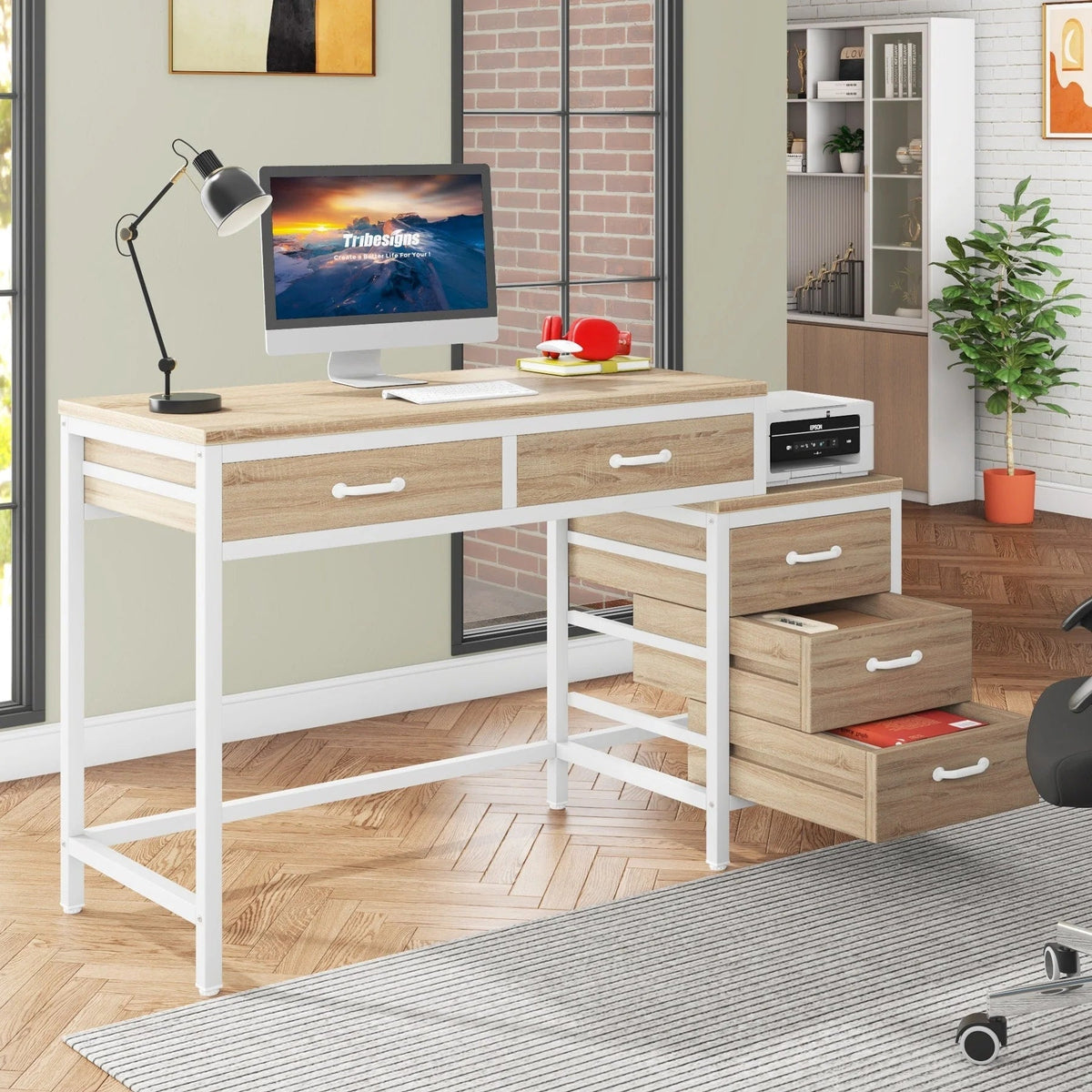 Bureau d'ordinateur réversible avec 5 tiroirs, bureau de travail à domicile avec caisson de rangement pour dossiers et support pour imprimante