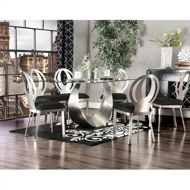 Ensemble de salle à manger 7 pièces avec piédestal en U en acier noir moderne Heer par Furniture of America