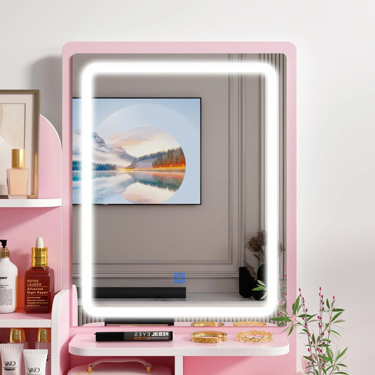 Coiffeuse avec miroir, éclairage LED et tabouret