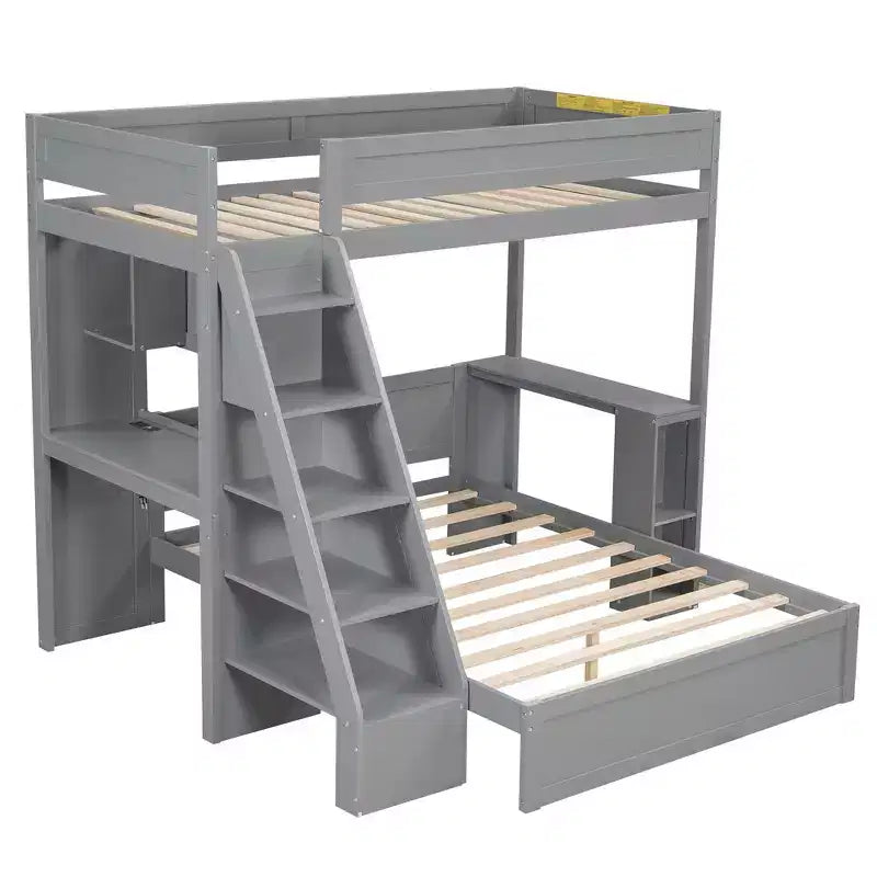Lit superposé simple XL sur double avec bureau et USB, en bois massif avec étagères latérales et rangement sous le lit