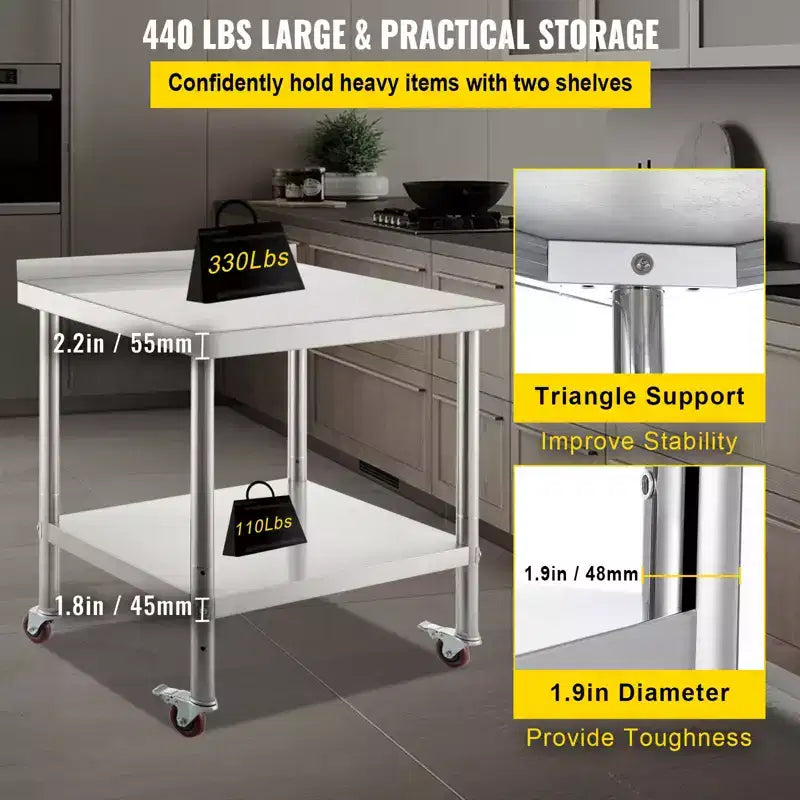 VEVOR Table de préparation en acier inoxydable, 76 x 61 x 89 cm, capacité de charge de 200 kg, table de travail en métal robuste, argent