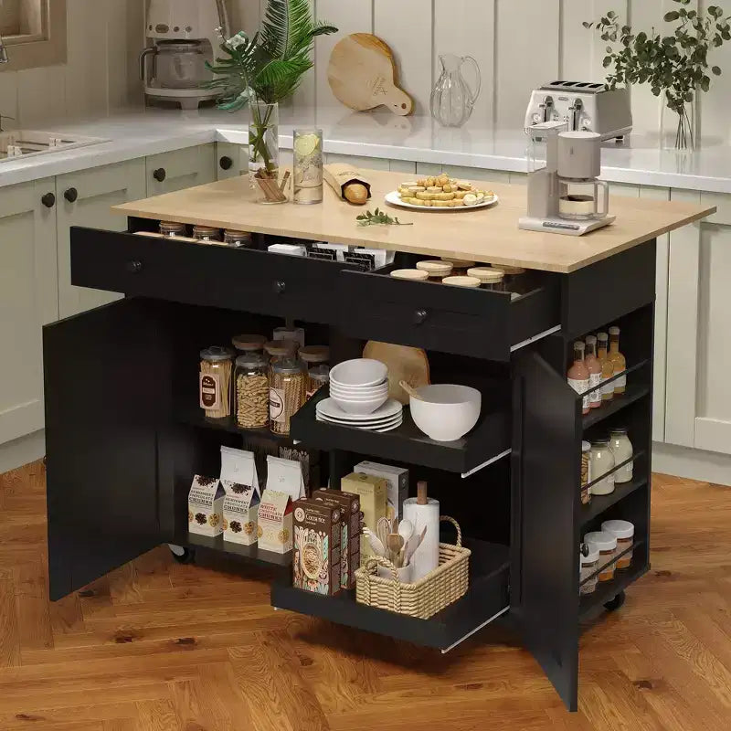 Îlot de cuisine mobile de 120 cm avec plan de travail à abattant, station de recharge, desserte de cuisine roulante avec étagères coulissantes, tiroirs, porte-épices