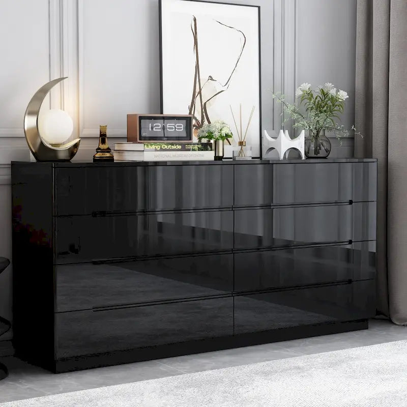 Commode 63 à finition haute brillance avec caisson éclairé à 8 tiroirs et plateau spacieux