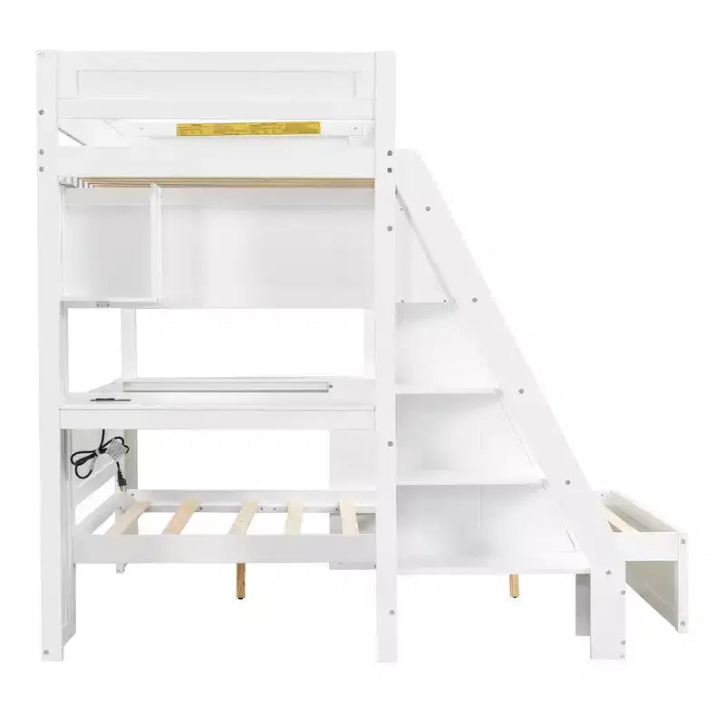 Lit superposé simple XL sur double avec bureau et USB, en bois massif avec étagères latérales et rangement sous le lit