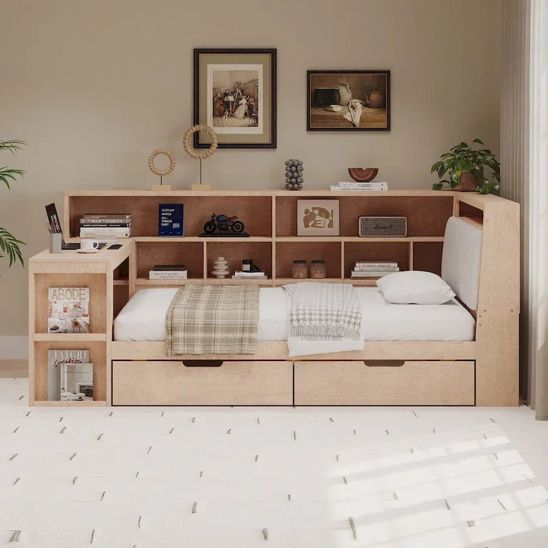 Canapé-lit en bois en L avec bureau, bibliothèque avec placard, lit d’angle avec tiroirs sous le lit, tête de lit rembourrée avec éclairage intégré