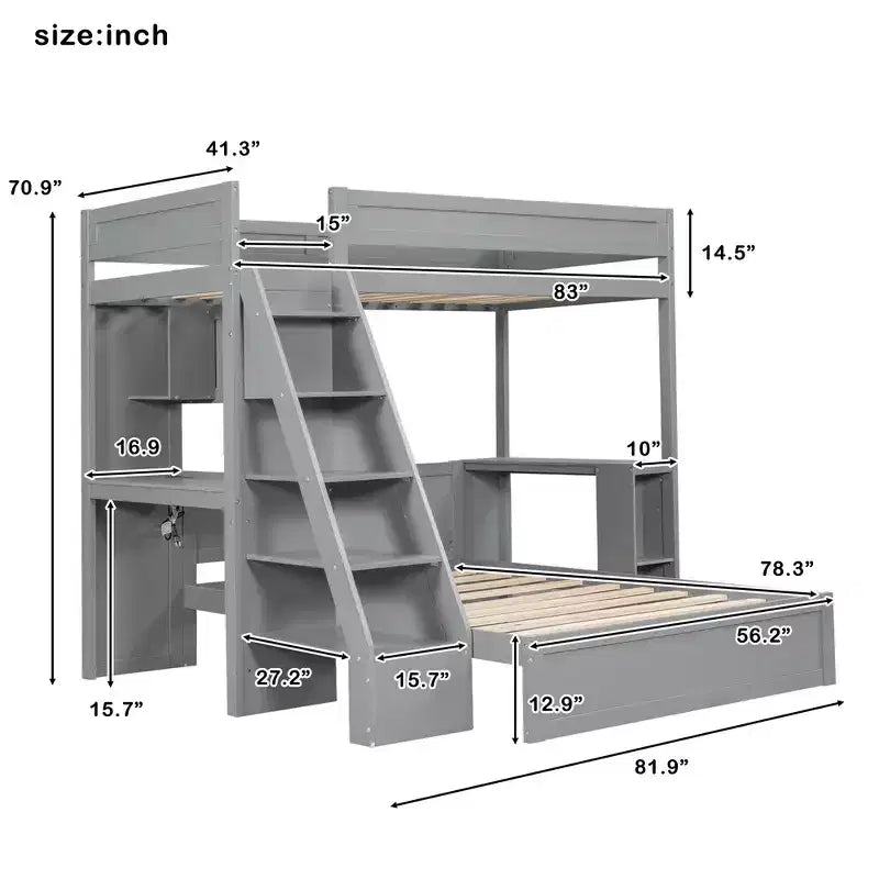 Lit superposé simple XL sur double avec bureau et USB, en bois massif avec étagères latérales et rangement sous le lit