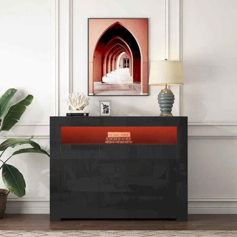 Buffet de rangement laqué brillant avec éclairage LED