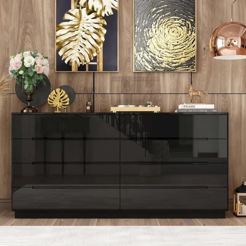 Commode 63 à finition haute brillance avec caisson éclairé à 8 tiroirs et plateau spacieux
