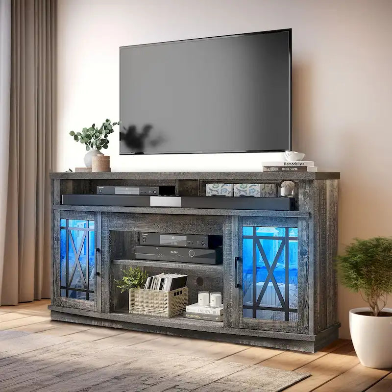 Meuble TV haut 2 portes avec lumières LED Moasis de 59 pouces pour téléviseurs jusqu'à 70 pouces