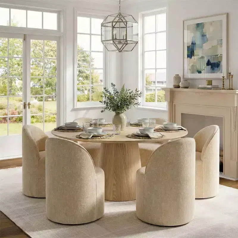 Ensemble de salle à manger moderne pour 6 personnes, table à manger ronde avec pied central, chaises de salle à manger pivotantes à roulettes, tissu chenille texturé - Panipeachy