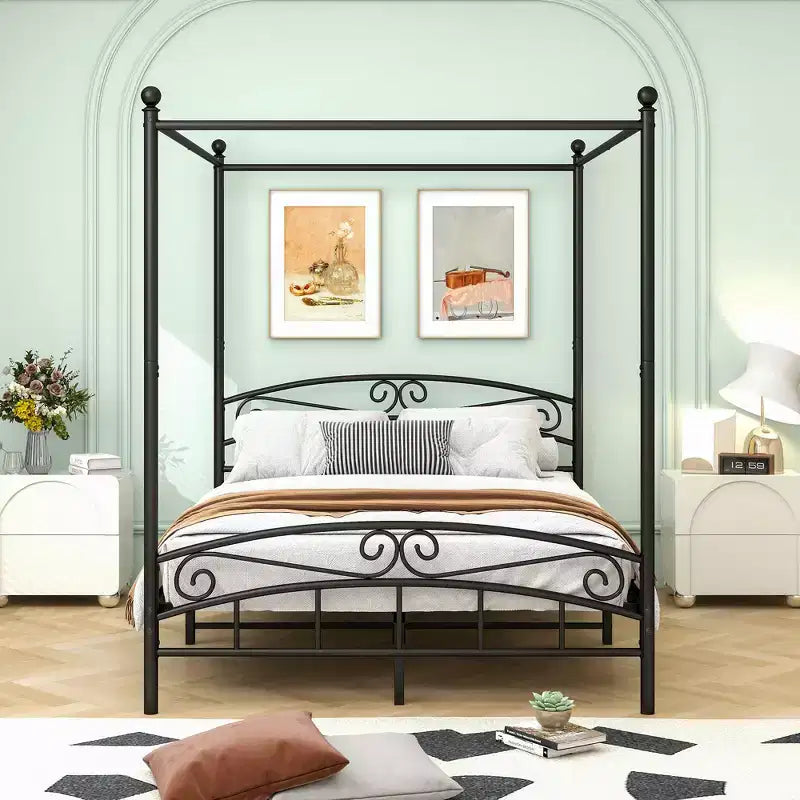 Cadre de lit à baldaquin en métal format grand lit (Queen) avec tête de lit vintage et 12,4 po d'espace de rangement sous le lit