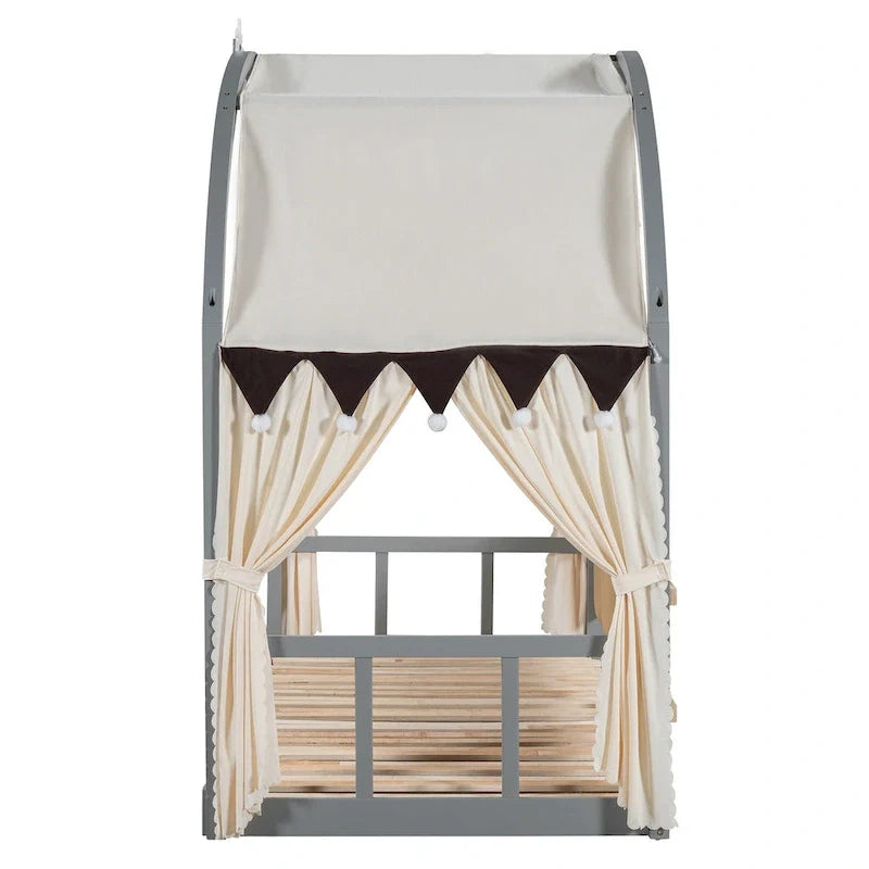 Lit plateforme Montessori au sol en bois massif, style maisonnette avec toit arqué et lit gigogne, pour filles et garçons