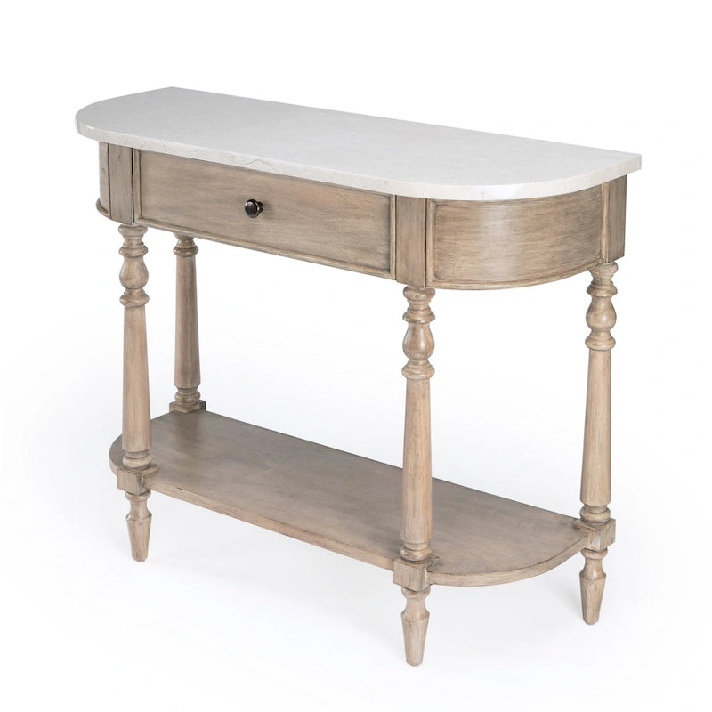 Table console avec plateau en marbre â€?Marron clair / gris / noir délavé, demi-lune, montage par une personne