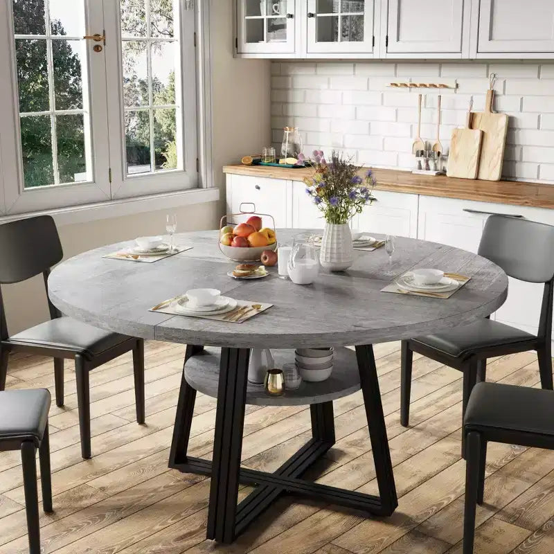 Table de salle à manger ronde pour 4 à 6 personnes, table de cuisine de 120 cm avec étagère de rangement, table à manger en bois avec base en métal pour salon, sans chaises