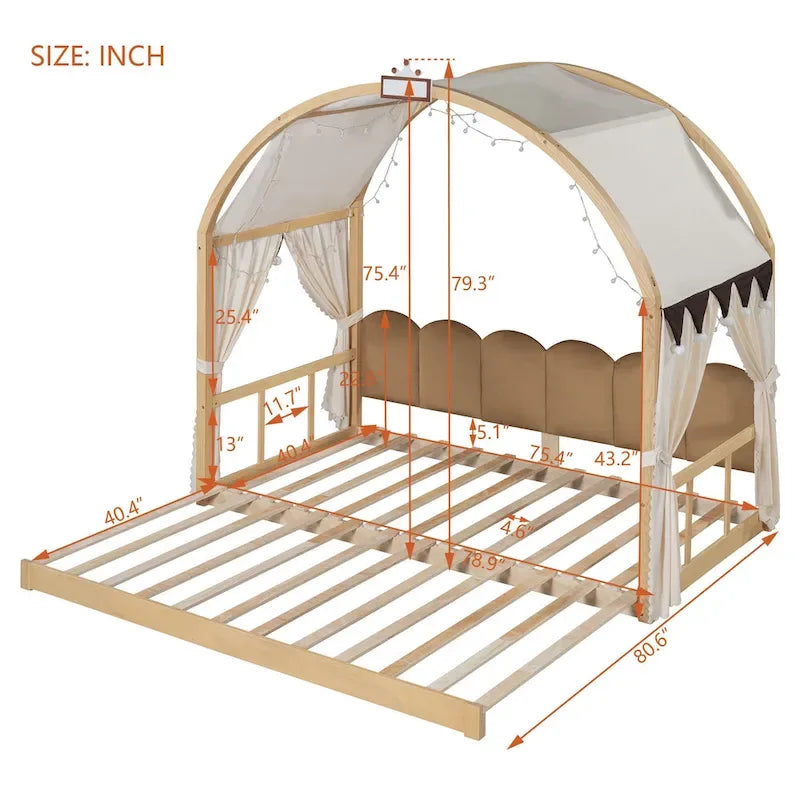 Lit plateforme Montessori au sol en bois massif, style maisonnette avec toit arqué et lit gigogne, pour filles et garçons