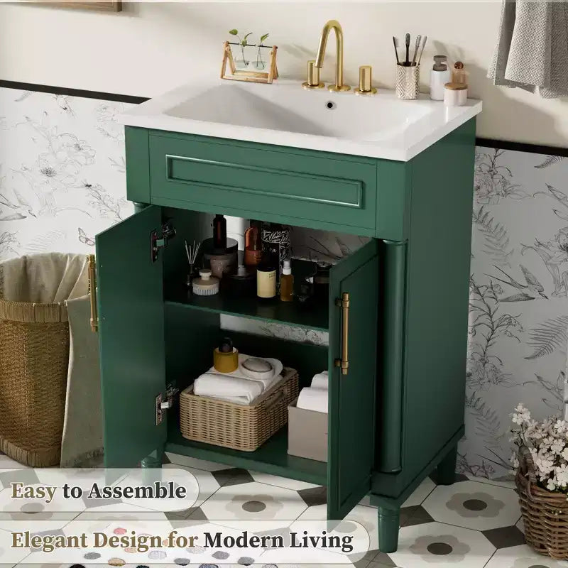 Meuble-lavabo de 24 po avec évier en céramique, armoire Shaker, 2 portes à fermeture amortie, cadre en bois massif pour petite salle de bain ou salle d'eau