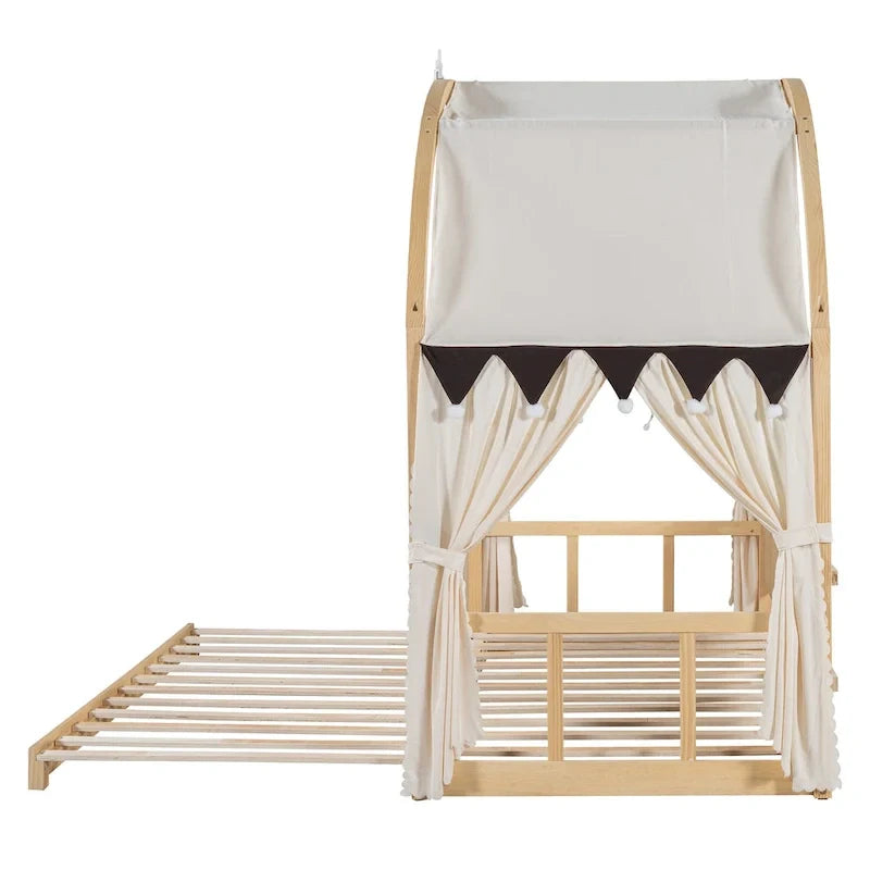 Lit plateforme Montessori au sol en bois massif, style maisonnette avec toit arqué et lit gigogne, pour filles et garçons