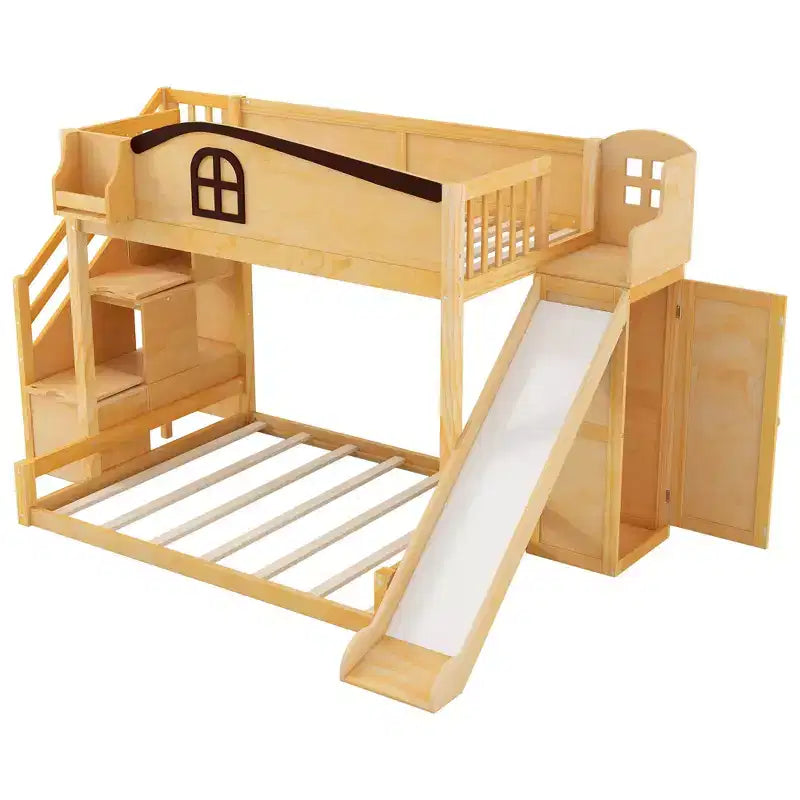 Lit superposé avec lit simple au-dessus et lit double en dessous, toboggan, étagères, escalier de rangement et armoire pour chambre d’enfant