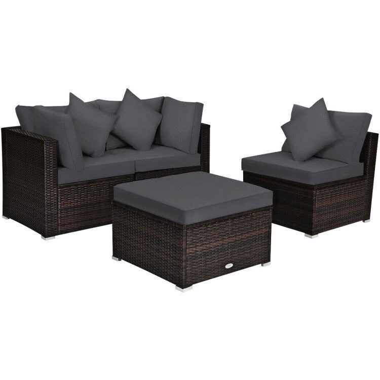 Ensemble de meubles de patio en rotin 4 pièces avec coussins et oreillers amovibles – Canapé d'angle : 73,7 x 73,7 x 63,5 cm