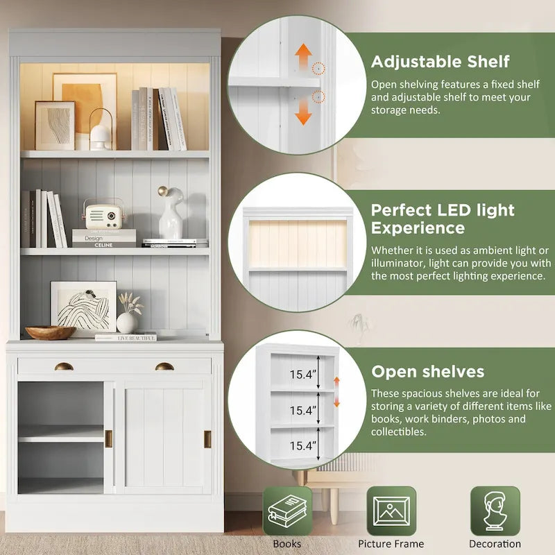 Étagère haute moderne avec éclairage LED et options de rangement polyvalentes