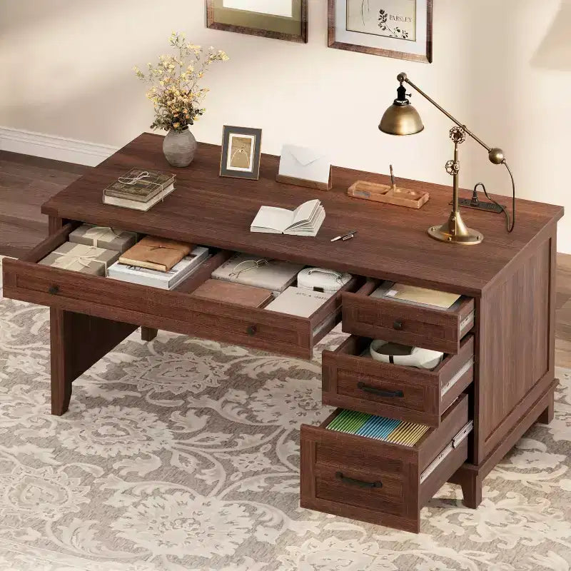Bureau de travail style Ferme avec station de charge et classeur, 136 cm
