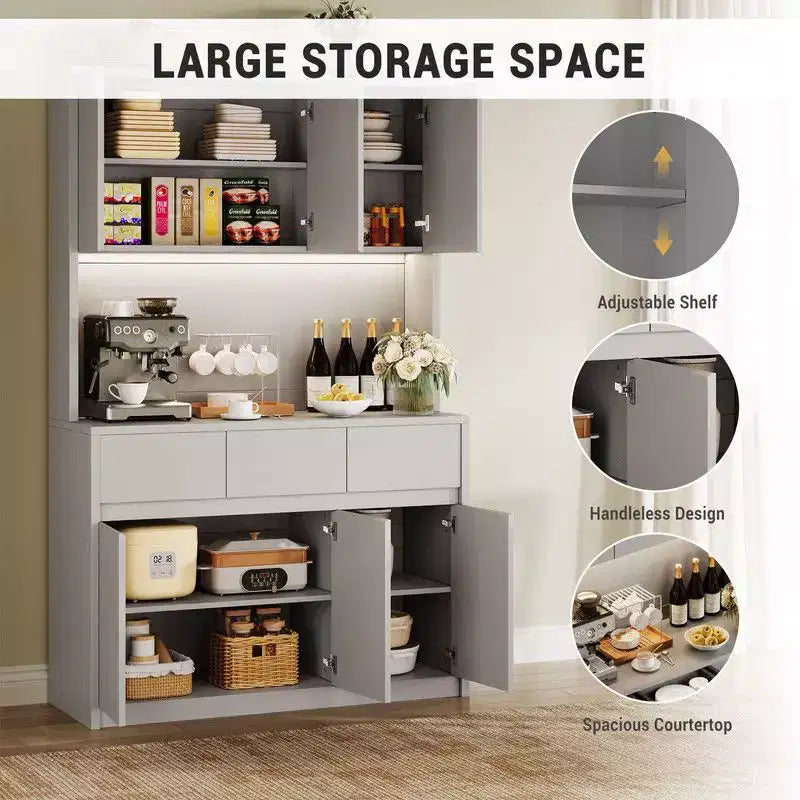 Armoire de cuisine de 71 pouces, vaisselier avec lumières LED et prises de courant, buffet avec support pour micro-ondes, étagères réglables