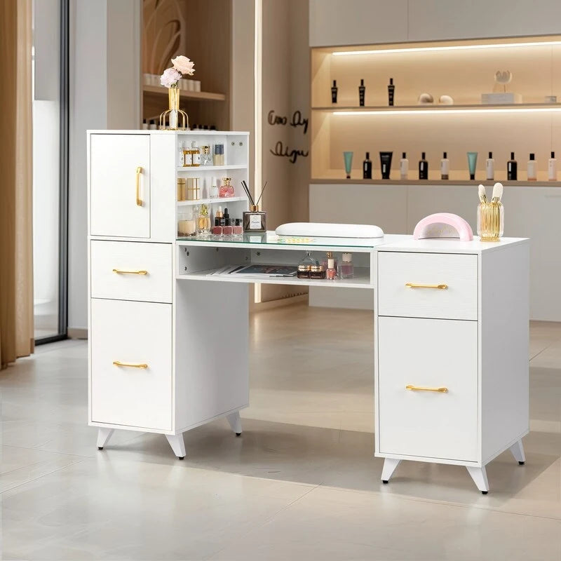 Bureau informatique de 140 cm avec étagères, tiroirs et armoire