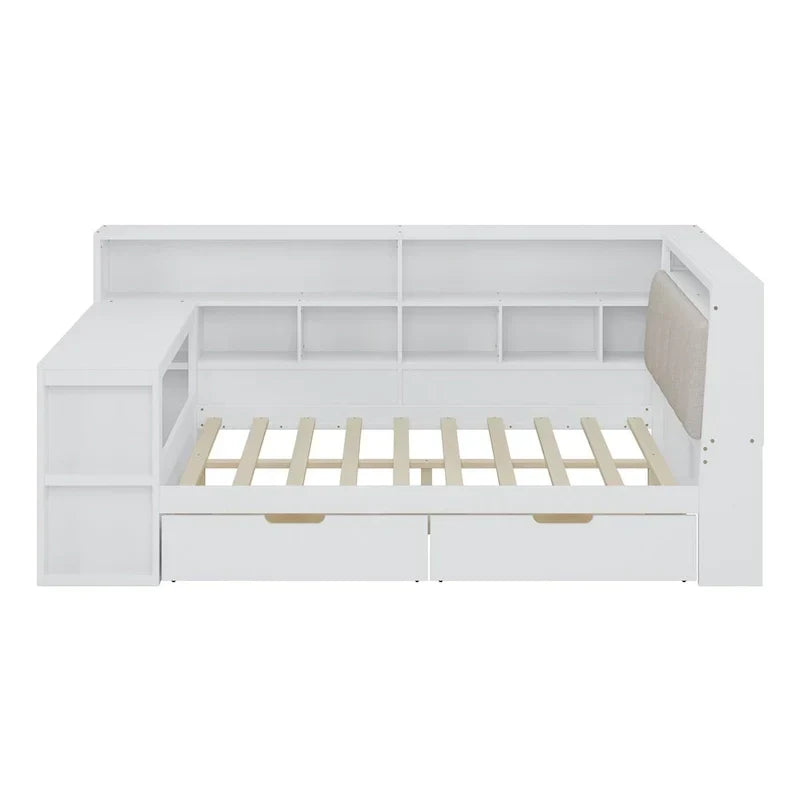 Canapé-lit en bois en L avec bureau, bibliothèque avec placard, lit d’angle avec tiroirs sous le lit, tête de lit rembourrée avec éclairage intégré