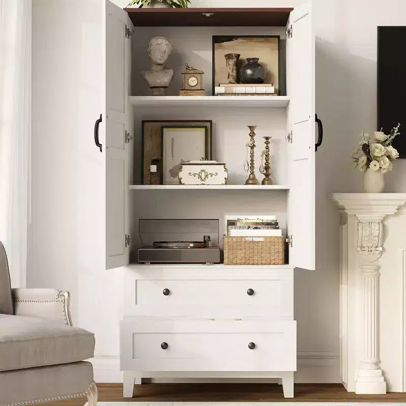 Meuble de rangement haut de 165 cm avec étagères réglables, Armoire de cuisine en bois de style Ferme avec 2 portes et 2 tiroirs, Bibliothèques autoportantes pour salle à manger, salon