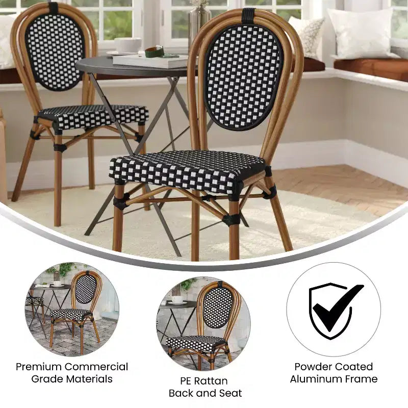 Chaise empilable de bistrot Thonet commerciale intérieure/extérieure Flash Furniture Lourdes, rotin synthétique et cadre en aluminium