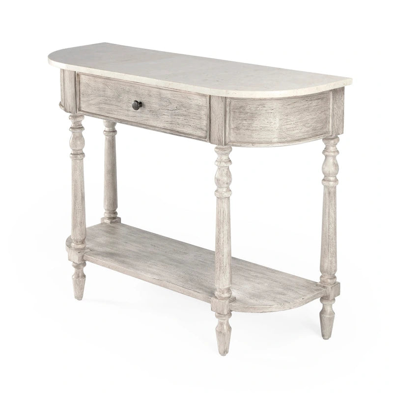 Table console avec plateau en marbre â€?Marron clair / gris / noir délavé, demi-lune, montage par une personne