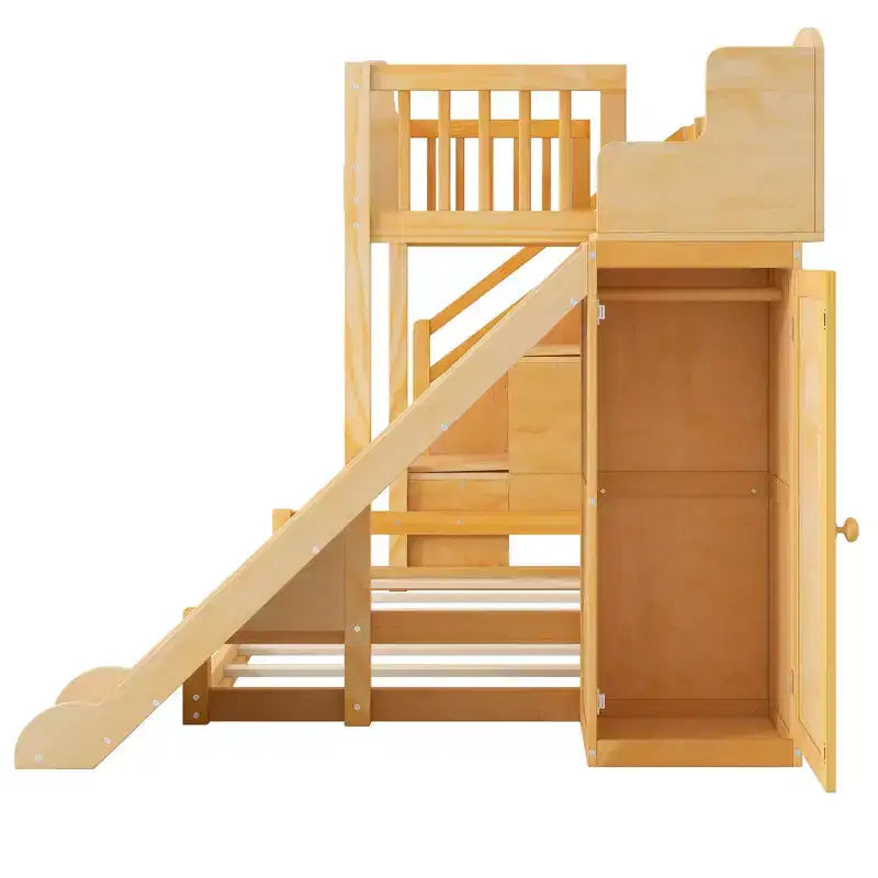 Lit superposé avec lit simple au-dessus et lit double en dessous, toboggan, étagères, escalier de rangement et armoire pour chambre d’enfant