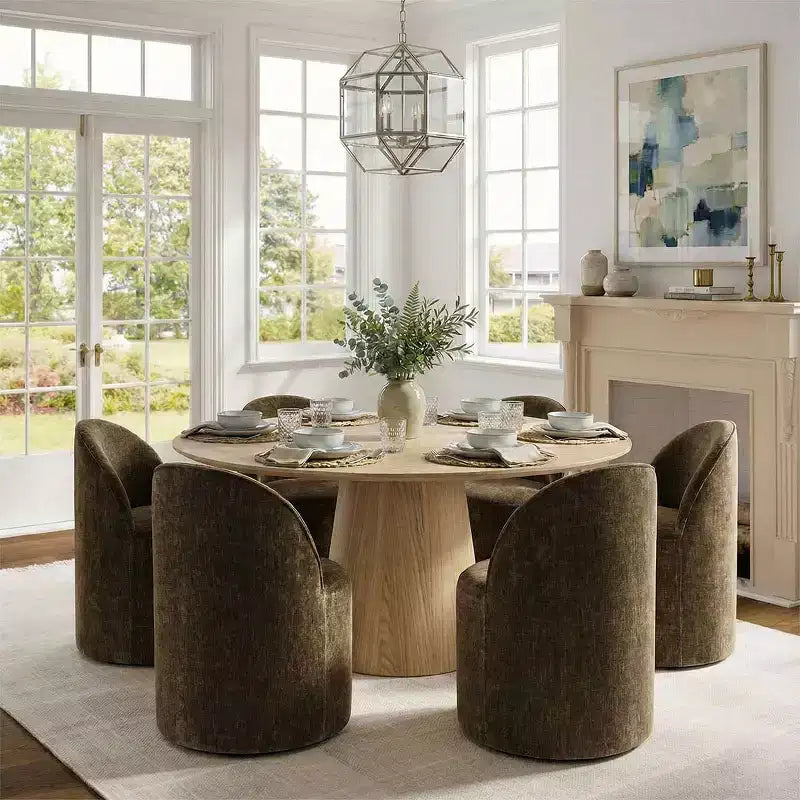 Ensemble de salle à manger moderne pour 6 personnes, table à manger ronde avec pied central, chaises de salle à manger pivotantes à roulettes, tissu chenille texturé - Panipeachy