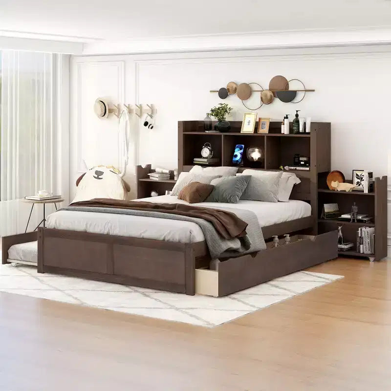 Lit plateforme complet avec lit gigogne, tête de lit bibliothèque et station de recharge, cadre de lit double en bois avec étagères et tiroirs