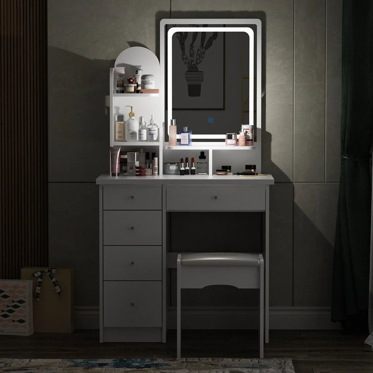 Coiffeuse avec miroir, éclairage LED et tabouret
