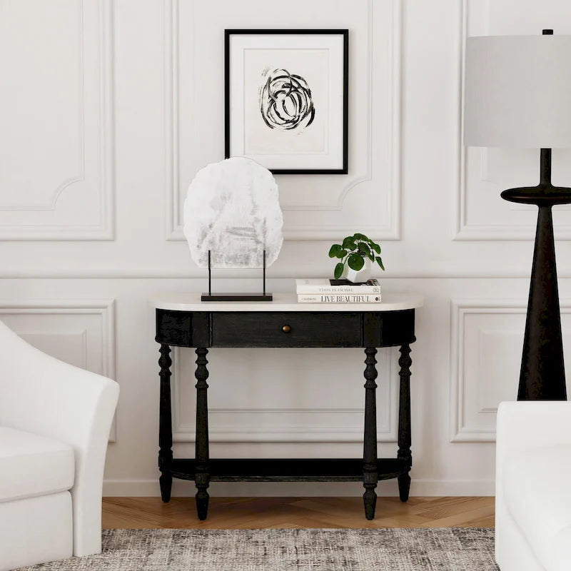 Table console avec plateau en marbre â€?Marron clair / gris / noir délavé, demi-lune, montage par une personne