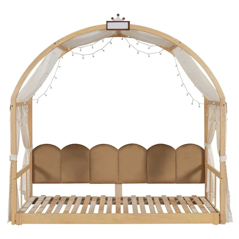 Lit plateforme Montessori au sol en bois massif, style maisonnette avec toit arqué et lit gigogne, pour filles et garçons