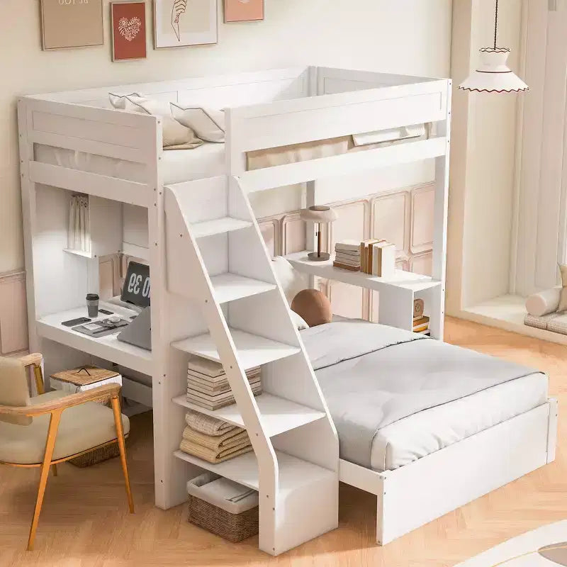 Lit superposé simple XL sur double avec bureau et USB, en bois massif avec étagères latérales et rangement sous le lit