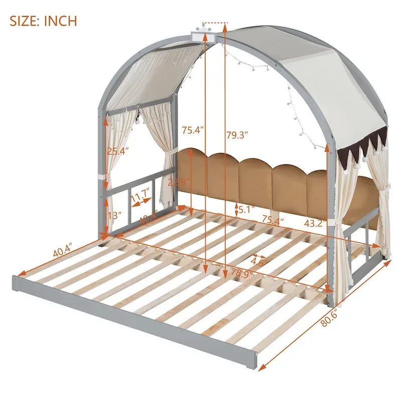 Lit plateforme Montessori au sol en bois massif, style maisonnette avec toit arqué et lit gigogne, pour filles et garçons