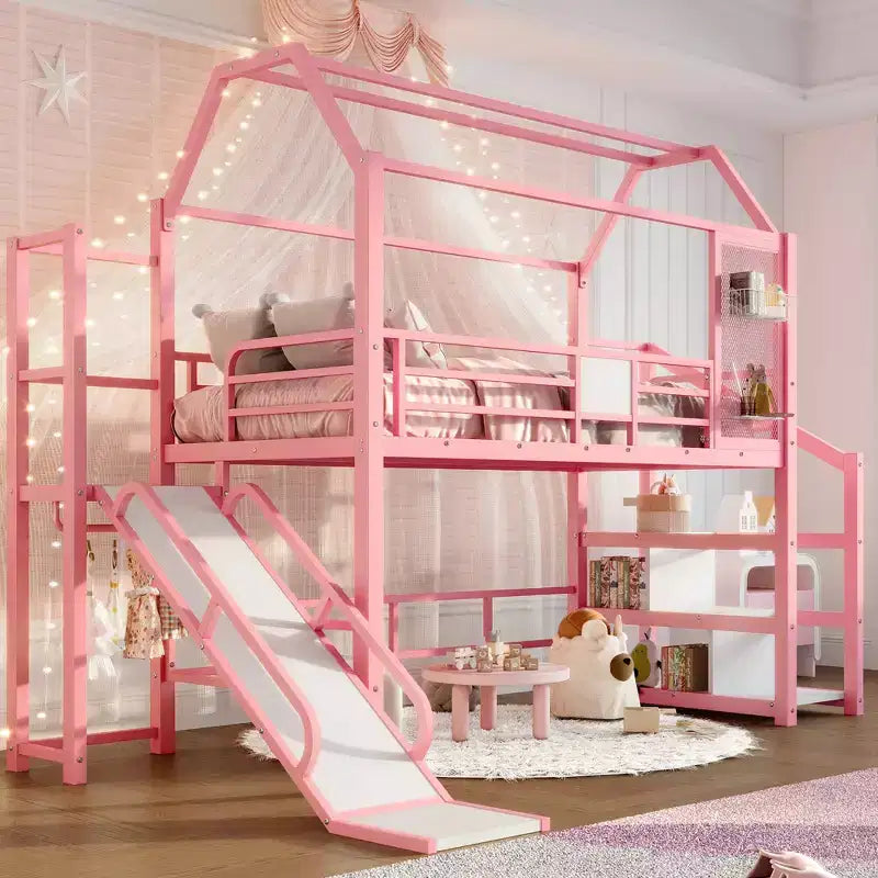 Lit mezzanine cabane avec toboggan et escalier de rangement - Cadre métallique pour enfants et adolescents